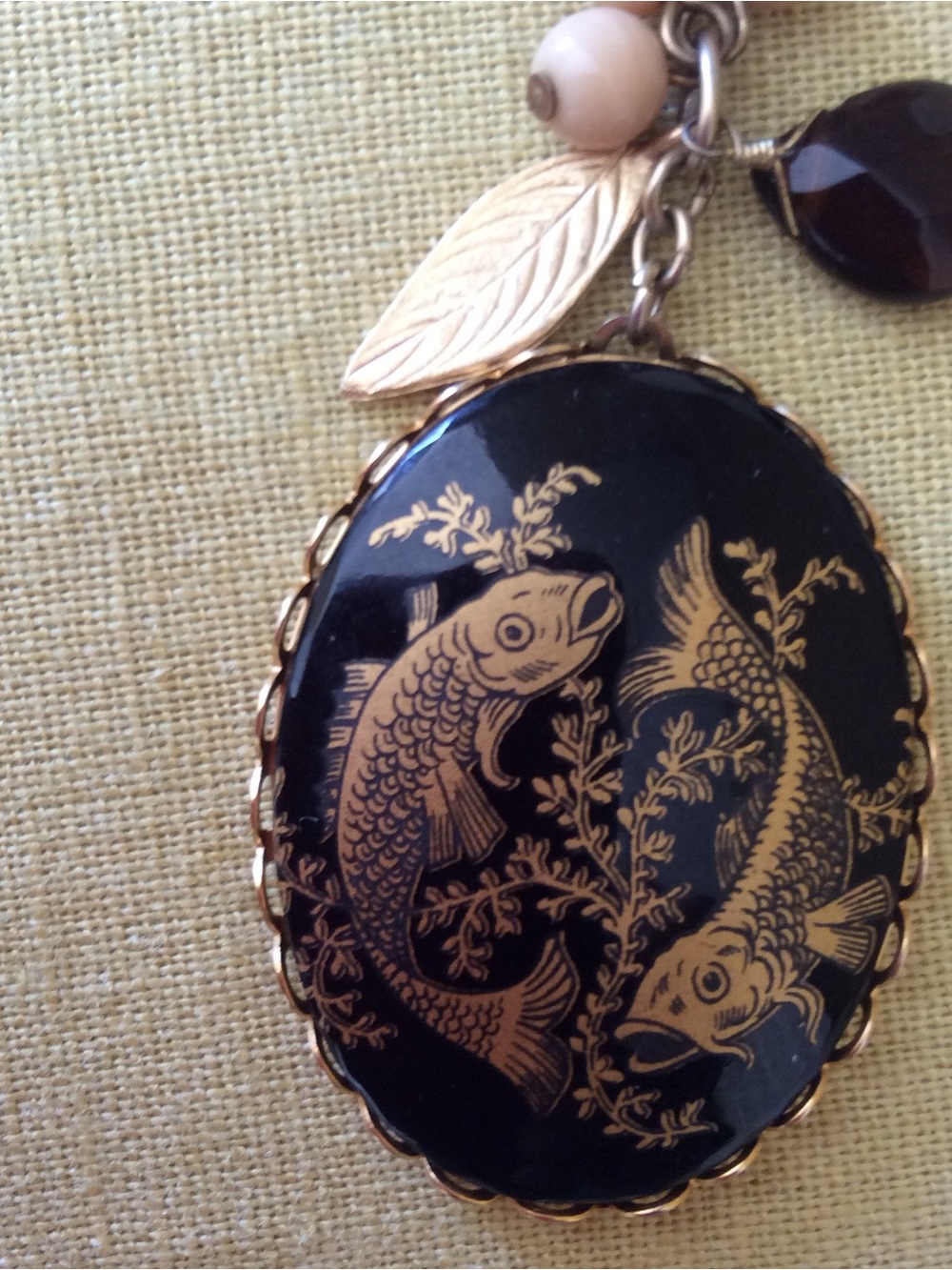 Anthropologie Gold-Tone Necklace with ZodiacPisces Black Pendant and Blush Beads - Picture 3 of 4
